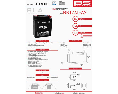 Bs акумулятор bb12al-a2 (fa) (yb12al-a2) 12v 12ah 135x81x161 не обслуговується - залив (150a) (5)