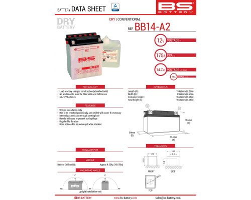 Bs battery bb14-a2 (yb14-a2) 12v 14ah 134x89x166 можна обслуговуватися - електроліт окремо (175a) (4) ue2019/1148