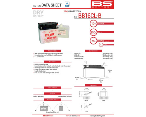 Bs battery bb16cl-b (yb16cl-b) 12v 19ah 175x100x175 можна обслуговуватися - електроліт окремо (250a) (2) ue2019/1148