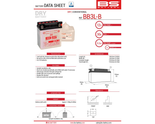 Bs battery bb3l-b (yb3l-b) 98x56x110 можна обслуговуватися - електроліт окремо (30a) (12) ue2019/1148