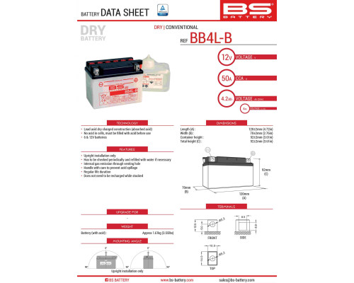 Bs battery bb4l-b (yb4l-b) 12v 4ah 121x71x93 можна обслуговуватися - електроліт окремо (56a) (8) ue2019/1148