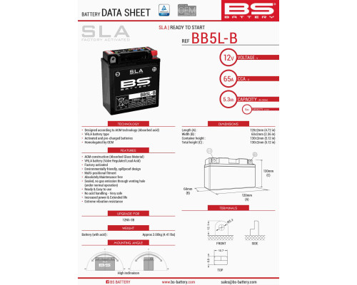 Bs акумулятор bb5l-b (fa) (yb5l-b) (12n5-3b) 12v 5ah 120x60x130 не обслуговується - залив (65a) (6)