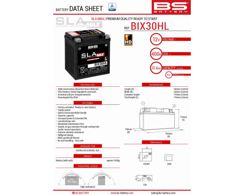 Bs акумулятор bix30hl max (fa) (ytx30l) 12v 30ah 166x130x175 не обслуговується - залив (підвищений круточний струм) (440a) (2)