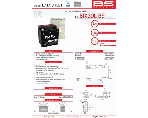 Bs батарея bix30l-bs (ytx30l-bs) 12v 30ah 165x125x175 не обслуговується - електроліт окремо (400a) (2) ue2019/1148