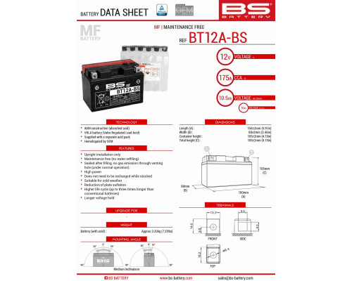 Bs батарея bt12a-bs (yt12a-bs) 152x88x106 12v 10ah не обслуговується - електроліт окремо (175a) (4) ue2019/1148