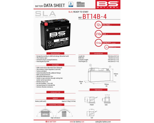 Bs акумулятор bt14b-4 (fa) (yt14b4) 12v 12ah 150x69x145 не обслуговується - залив (210a) (4)