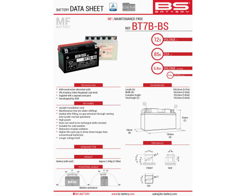 Bs батарея bt7b-bs (yt7b-bs) 12v 6.5ah 150x65x93 не обслуговується - електроліт окремо (85a) (8) ue2019/1148
