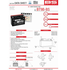 Bs батарея bt9b-bs (yt9b-bs) 12v 8ah 150x70x105 не обслуговується - електроліт окремо (120a) (6) ue2019/1148