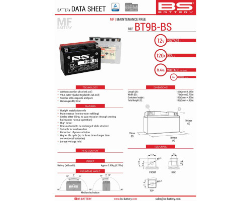 Bs батарея bt9b-bs (yt9b-bs) 12v 8ah 150x70x105 не обслуговується - електроліт окремо (120a) (6) ue2019/1148