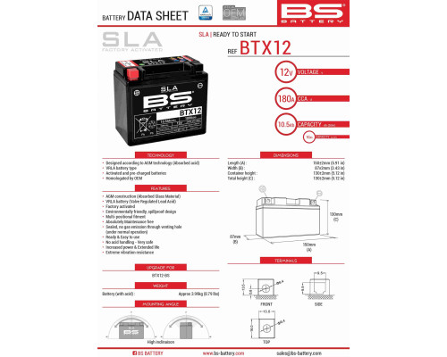 Bs акумулятор btx12 (fa) (ytx12-bs) 12v 10ah 152x88x131 не обслуговується - залив (180a) (4)