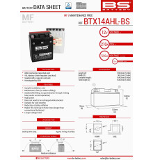 Bs батарея btx14ahl-bs (ytx14ahl-bs) (133x90x164) 12v 12ah не обслуговується - електроліт окремо (210a) 4 ue2019/1148