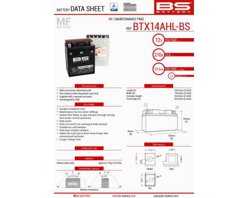 Bs батарея btx14ahl-bs (ytx14ahl-bs) (133x90x164) 12v 12ah не обслуговується - електроліт окремо (210a) 4 ue2019/1148