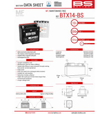 Bs батарея btx14-bs (ytx14-bs) 12v 12ah 150x87x145 не обслуговується - електроліт окремо (200a) (4) ue2019/1148