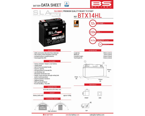 Bs батарея btx14hl max (fa) (ytx14l-bs) 12v 14ah 149x87x144 не обслуговується - заливається (підвищений круточний струм) (220a) (4) - заміняє 300856 300882