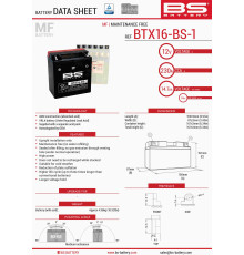 Bs батарея btx16-bs1 (ytx16-bs-1) 12v 14ah 152x88x161 не обслуговується - електроліт окремо (230a) (4) ue2019/1148