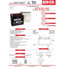 Bs battery btx20-bs (ytx20-bs) 175x87x155 не обслуговується - електроліт окремо (270a) (2) ue2019/1148