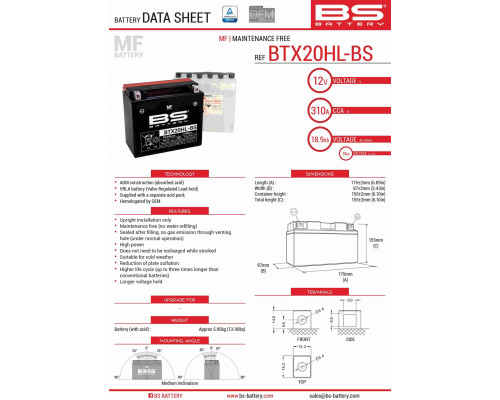 Bs battery btx20hl-bs (ytx20hl-bs) 175x87x155 не обслуговується - електроліт окремо (310a) (2) ue2019/1148