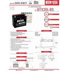Bs батарея btx20l-bs (ytx20l-bs) 12v 18ah 175x86x154 не обслуговується - електроліт окремо (270a) (2) ue2019/1148