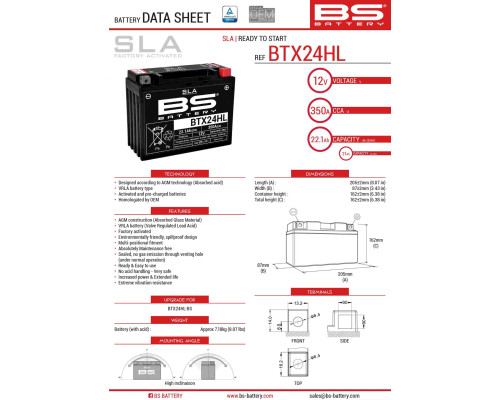 Bs акумулятор btx24hl (fa) (ytx24hl-bs) 12v 21ah 205x87x162 не потрібний обслуговування - затоплений (350a) (4) - заміняє 300755