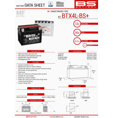Bs battery btx4l-bs+ (ytx4l-bs) 12v 4ah 113x70x85 не обслуговується - електроліт окремо (50a) (підвищена ємність) (8) ue2019/1148 - заміняє 300819