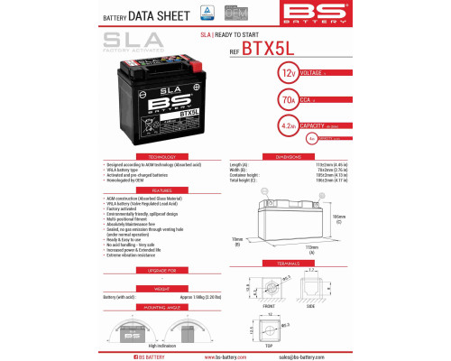 Bs акумулятор btx5l / btz6s (fa) (ytx5l-bs) 12v 5.3ah 113x70x106 не обслуговується - залив (90a) (8)