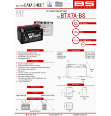 Bs батарея btx7a-bs (ytx7a-bs) 12v 6ah 152x88x94 не обслуговується - електроліт окремо (90a) (6) ue2019/1148