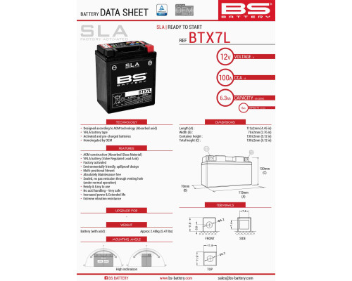 Bs батарея btx7l (fa) (ytx7l-bs) 12v 6ah 113x70x130 не обслуговується - заливана (100a) посилена (8)