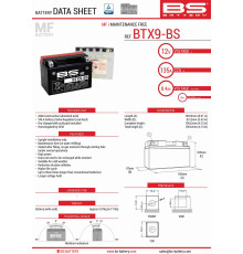 Bs battery btx9-bs (ytx9-bs) 152x88x106 12v 8ah не обслуговується - електроліт окремо (120a) (6) ue2019/1148