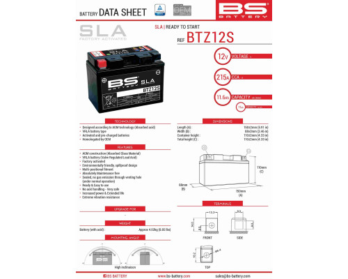 Bs акумулятор btz12s (fa) (ytz12s) 12v 11ah 150x86x110 не обслуговується - залив (210a) (4)
