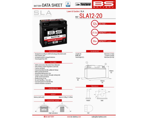 Bs акумулятор sla12-20 (fa) (sla12-18) 12v 20ah 182x77x168 не обслуговується - затоплений (180a) (4)