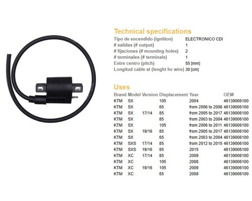 Котушка запалювання dze ktm sx 65/85/105 '06-17, xc 65/85/105 '08-'09 (oem:46139006100)