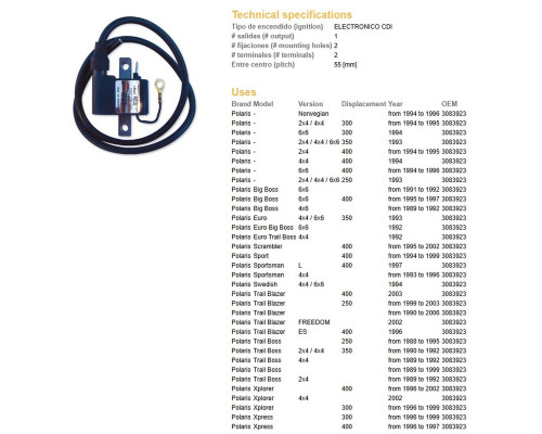 Котушка запалювання dze polaris 250/300/350/400 (oem-3083923)