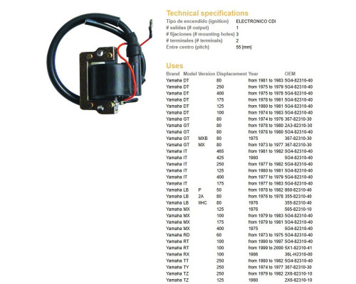 Котушка запалювання dze YAMAHA dt/yz/it/mx/rd (5g4-82310-40)