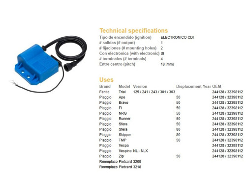 Модуль котушки dze piaggio 50 bravo/nrg/runner/sfera/zip/fi/vespa (oem-32398112)
