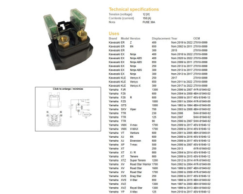 DZE РЕЛЕ СТАРТЕРА YAMAHA FZ6`04-14, FJR 1300`06-07, FZS 1000, XTZ 1200, R1, R6 (150A)