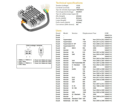 РЕГУЛЯТОР НАПРУГИ DZE DUCATI 600/620/748/750/796/800/900/916/944/992/996/1000/1100 '98-'12 (35A)(54040111 RacingC, SH579-B11) (ESR532) - НА ЗАМІНУ 2354-01
