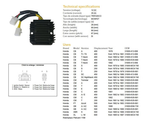DZE РЕГУЛЯТОР НАПРУГИ HONDA CB 250/400/450; CX500; GL500; XL600/LM; XBR 500 (31600-413-008, 31600-MC9-740) (35A) (ESR180)