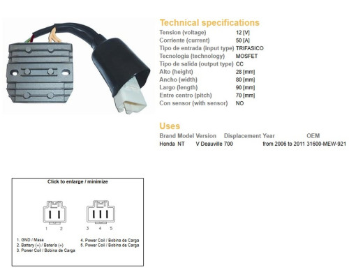 DZE РЕГУЛЯТОР НАПРУГИ HONDA NT 700V DEAUVILLE '06-'11 (31600-MEW-921) MOSFET (50A)