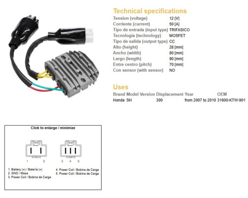 DZE РЕГУЛЯТОР НАПРУГИ HONDA SH 300 '07-'10 (OEM 31600-KTW-901) MOSFET (50A)