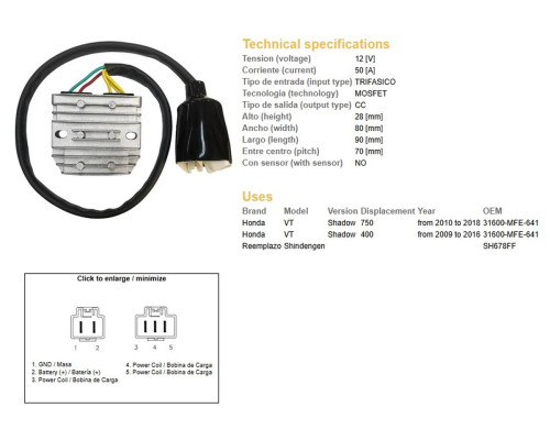 DZE РЕГУЛЯТОР НАПРУГИ HONDA VT 750C SHADOW '10-'18 (31600-MFE-641) (50A) (MOSFET)