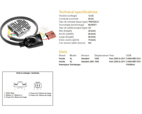 РЕГУЛЯТОР НАПРУГИ DZE HONDA XL1000V VARADERO '03-'11 (31600-MBT-D21) MOSFET (50A) (FH008AA)