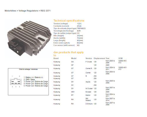 РЕГУЛЯТОР НАПРУГИ DZE HYOSUNG GA/GF/GT/GV/RX 125 '04-'11 (32800-H01-413) (12V/25A)