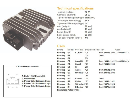 РЕГУЛЯТОР НАПРУГИ DZE HYOSUNG GA/GF/GT/GV/RX 125 '04-'11 (32800-H01-413) (12V/25A)