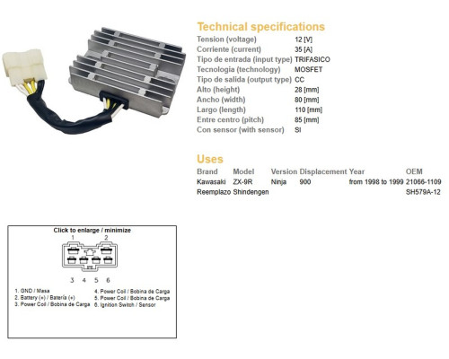 DZE РЕГУЛЯТОР НАПРУГИ KAWASAKI ZX-9R NINJA '98-'99 (OEM 21066-1109) MOSFET (35A)