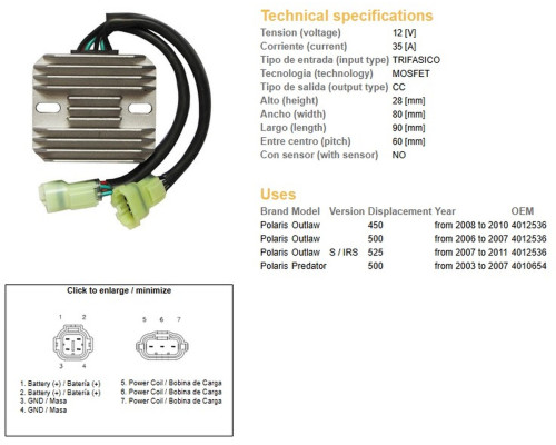 DZE РЕГУЛЯТОР НАПРУГИ POLARIS PREDATOR 500 '03-'07; OUTLAW 400/500/525 '06-'11 (35A) (OEM-4010654, 4012536) (ESR541)