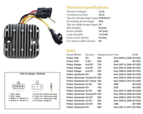 DZE РЕГУЛЯТОР НАПРУГИ POLARIS SPORTSMAN EFI 500/700/800; RANGER EFI 500/700/800 (12V/35A) (4012384, 4011569, 4011925) (ESR826)