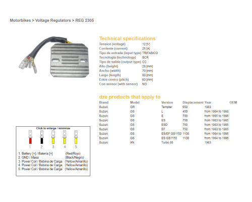 DZE РЕГУЛЯТОР НАПРУГИ SUZUKI GS 450L '84-'88; GS700E '85-'86; GS750ES/EF/ESD '83-'85; GS1100ES/EF '84-'86; GR 650 TEMPTER '83 (ESR130,RGU-301)