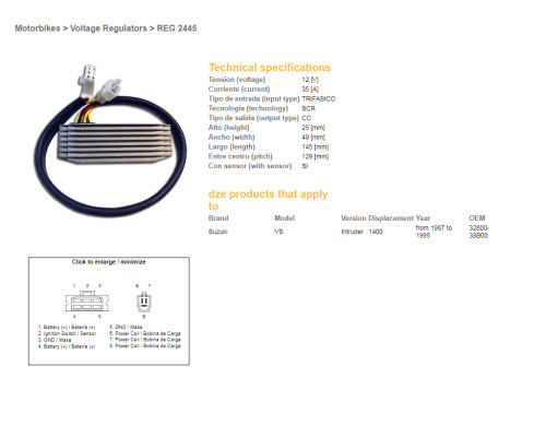 DZE РЕГУЛЯТОР НАПРУГИ SUZUKI VS 1400 INTRUDER '87-'95 (OEM-32800-38B00) (ESR750) (SH576-12) (35A)