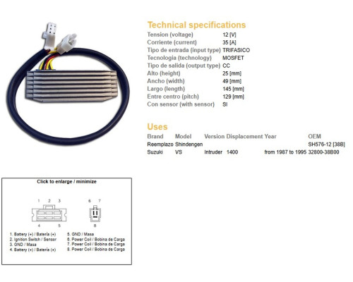 DZE РЕГУЛЯТОР НАПРУГИ SUZUKI VS 1400 INTRUDER '87-'95 (OEM-32800-38B00) (ESR750) (SH576-12) (35A)