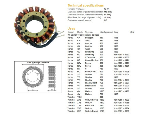 СТАТОР ОБМОТКИ ГЕНЕРАТОРА HONDA CX 500/650 CUSTOM/TURBO '82-83, NTV 650 '88-91, VT 700 '84-87, VT 750 '83-07, VT 1100 '85-07, XVZ 1200/1300 VENTURE '83-88, XVZ 130 0 ROYAL STAR '96-11